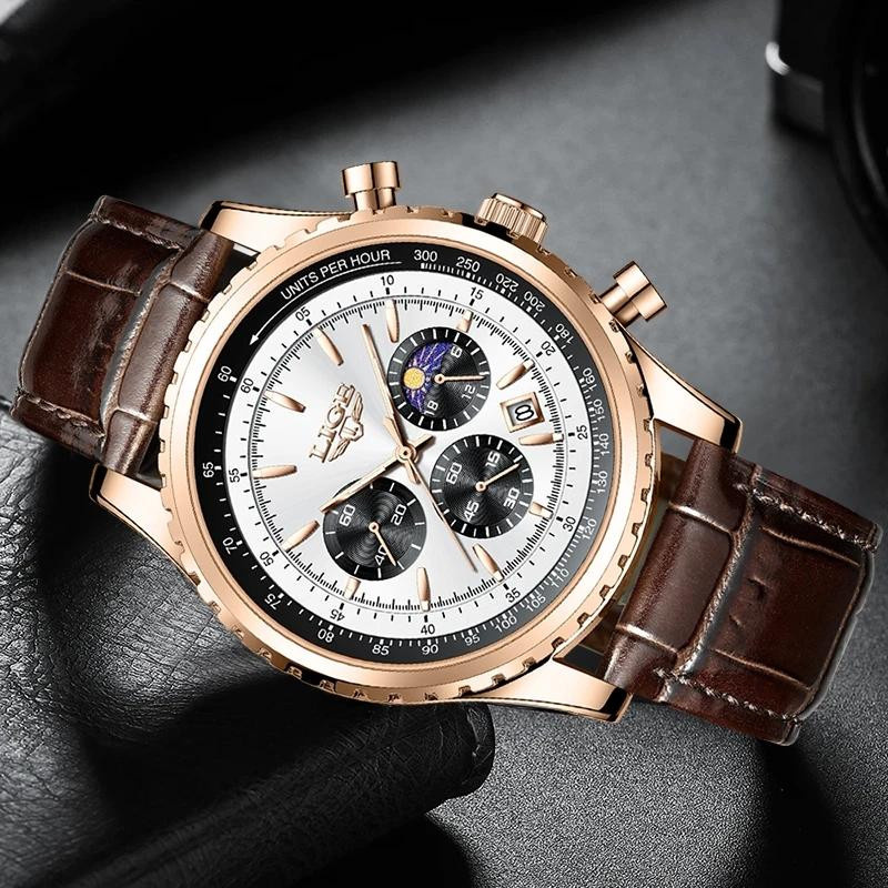 LIGE Armbanduhr, Chronograph, Quarz, Leder, Blau, Herren - Bild 1