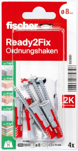 Fischer Montageset Ordnungshaken K mit Dübeln und Schrauben aus Stahl in Weiß - Bild 1
