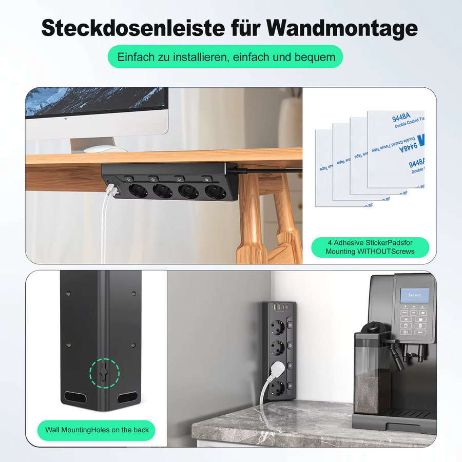 HITRENDS 4-Wege-Steckdosenleiste mit Überspannungsschutz in Schwarz, inklusive 2 USB-A und 2 USB-C Anschlüssen sowie unabhängigen Schaltern - Bild 2