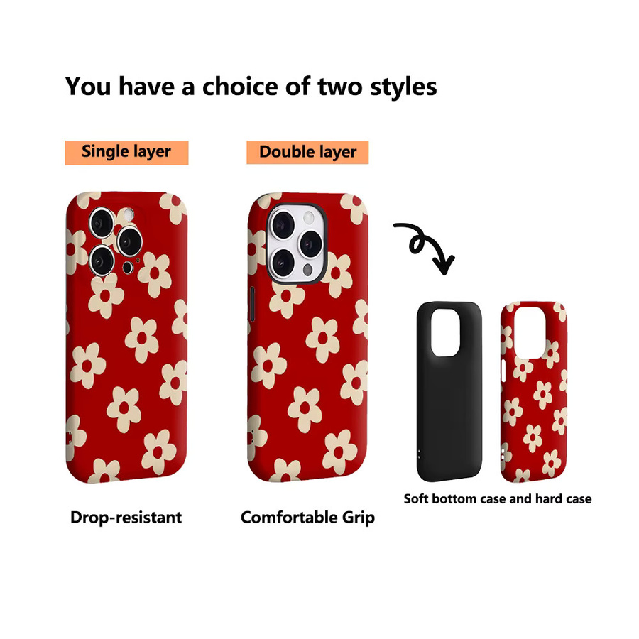 Potdemiel Handyhülle Crimson Cream Petal Pattern mit doppelschichtiger Rückseite für iPhone 17 16 15 14 13 12 Pro Max Plus in Rot und Weiß - Bild 3