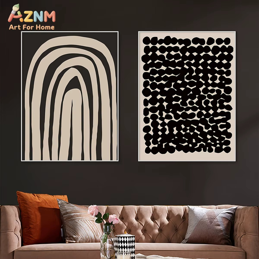 AZNM Abstraktes geometrisches Leinwand-Wandbild in Schwarz und Beige im Mid-Century Modern Stil - Bild 3