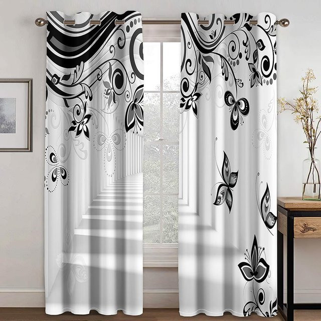A Family Of Home Textiles Semi-transparente Fenstervorhänge mit Blumenmuster und abstrakter Kreislinie in Weiß, B: 75 cm, H: 166 cm - Bild 1