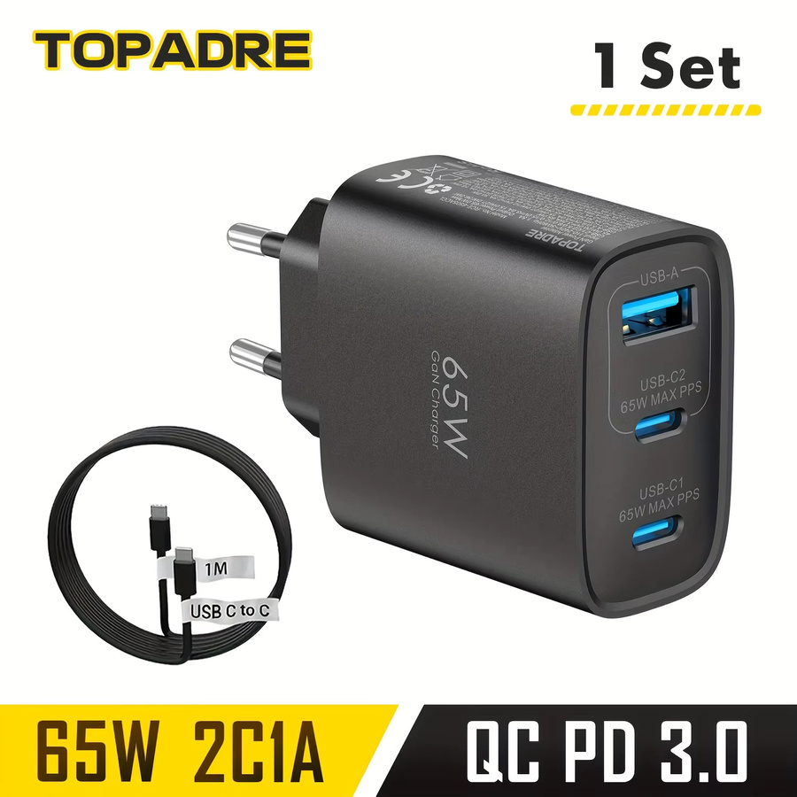 TOPADRE GaN Schnellladegerät 65W mit 3 Ports, USB-C Wandadapter mit PD 3.0 Schnellladung, Weiß - Bild 4