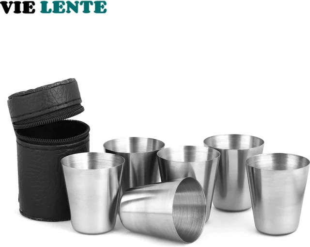 VIE LENTE Reise-Edelstahlbecher Set für Whisky und Wein, Silber, 6 Stück, 30 ml pro Becher - Bild 1