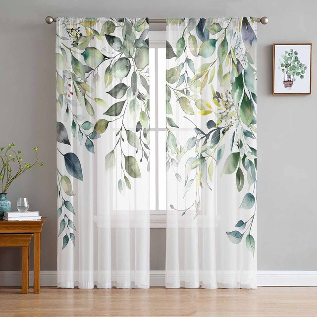 Transparenter Tüllvorhang mit abstraktem Blätter- und Astmuster in Salbeigrün, Organza-Fenstervorhang für Wohnzimmer und Küche, Breite: 135 cm, Höhe: 115 cm - Bild 1