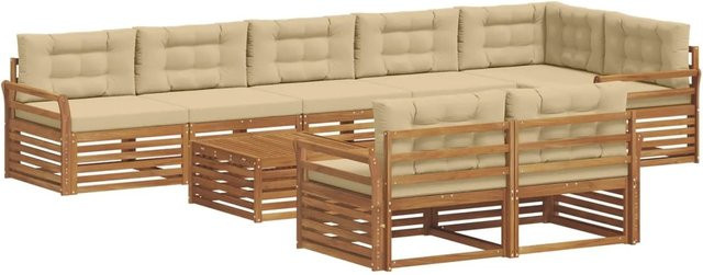 vidaXL Outdoor-Sofagarnitur 9-tlg. in L-Form aus Akazienholz mit Kissen, Natur und Beige - Bild 1