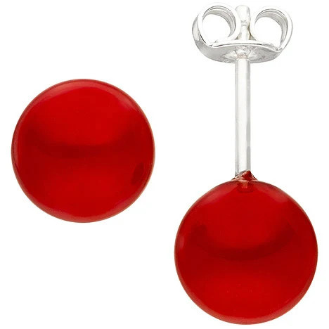 Colfem Ohrstecker 925 Sterling Silber, Muschelkern Perlen, rot, 8 mm - Bild 1