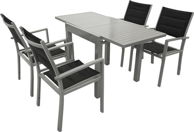 DEGAMO Gartenmöbel Garnitur TIRANA 5-teilig aus Aluminium und Kunstgewebe, silbergrau und schwarz, ausziehbar - Bild 1