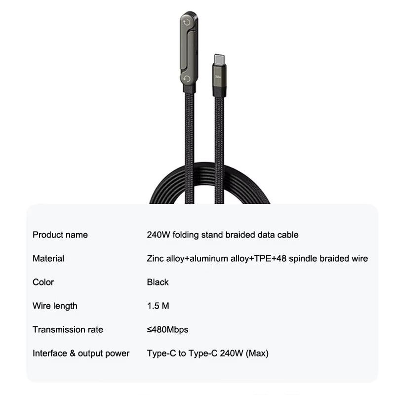 Eelhoe 2 in 1 Typ-C-Kabel mit faltbarem Handyhalter, 240 W Schnellladekabel und Dual-PD-Funktion, Schwarz - Bild 4