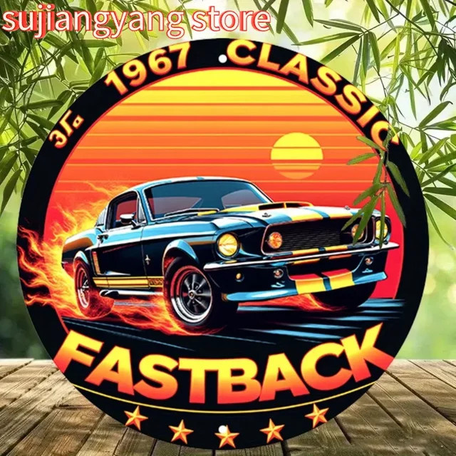 Rundes Vintage Aluminium-Metallblechschild Potdemiel mit 1967 Classic Fastback Design, Flammen und Sonnenuntergang, Durchmesser: 20 cm, Mehrfarbig - Bild 1