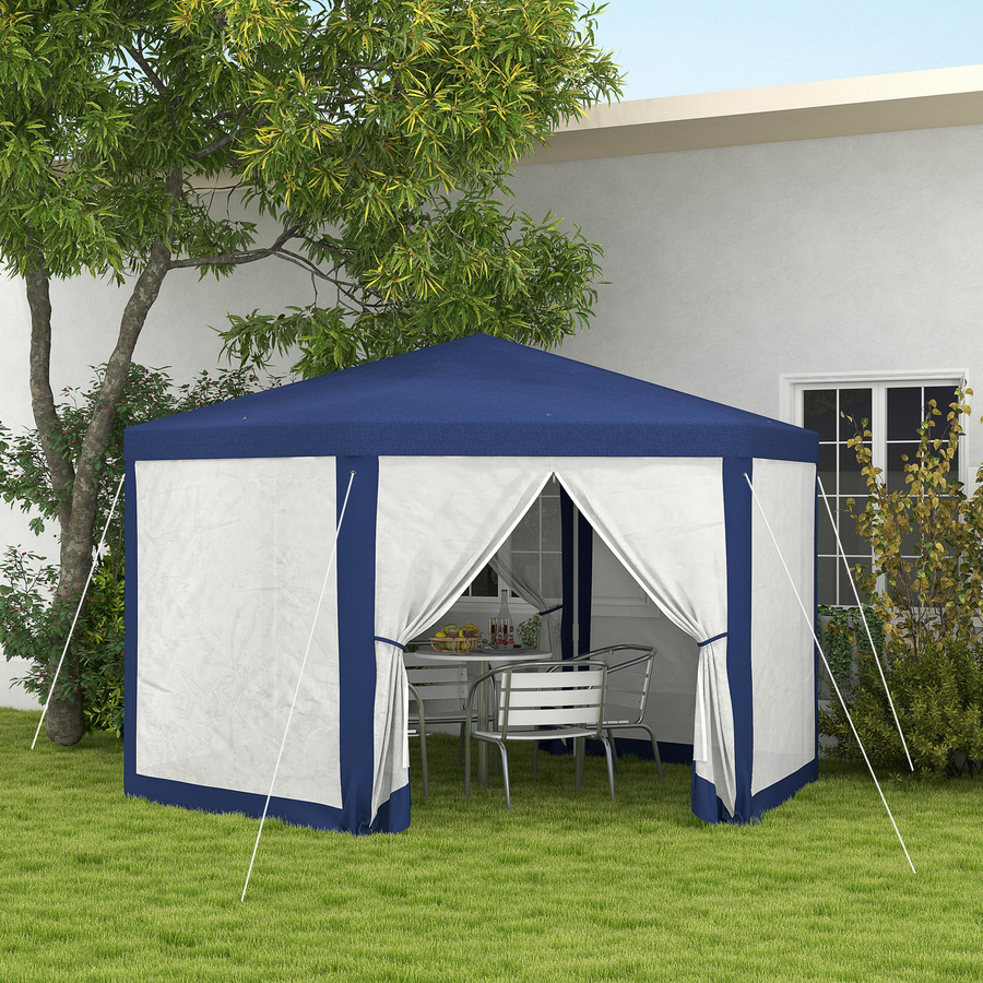 Outsunny Pavillon Sechseckig Blau mit 6 Seitenteilen und Moskitonetz, B/H/L: 341,2 x 250 x 394 cm - Bild 1