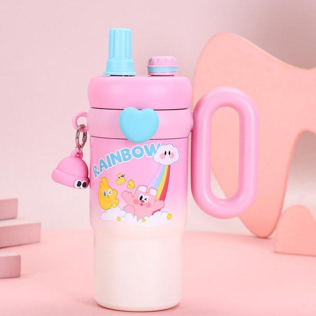 Yiran Furniture Thermoskanne mit Cartoon-Figur aus Edelstahl für Mädchen, Strohbecher, 850ml, Farben: Grün, Pink, Blau - Bild 1