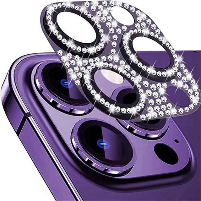 Bling 3D-Volldiamant-Kameraschutz aus Legierung und gehärtetem Glas für iPhone 16 15 14 Pro Max 13 in Silber oder Lila - Bild 1