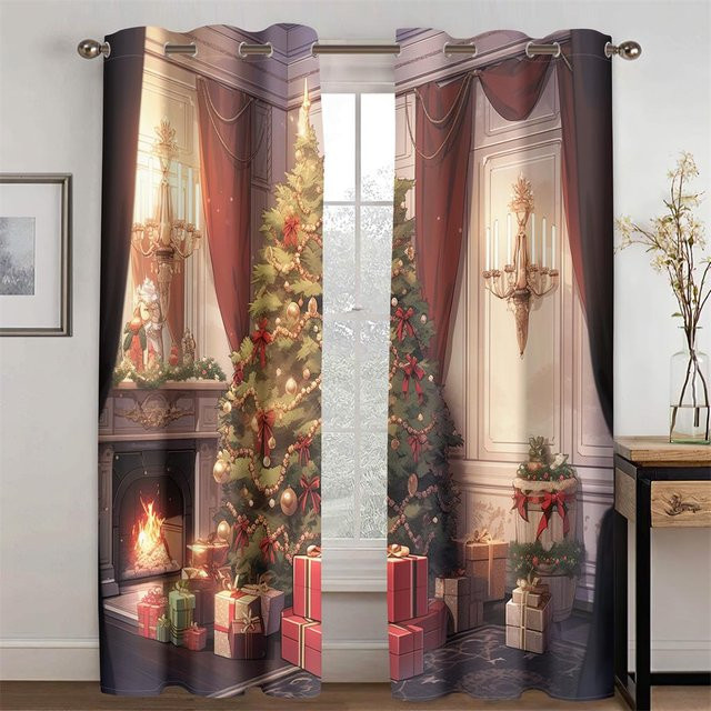 2er-Set Weihnachtsbaum Vorhänge mit Cartoon-Design, halbtransparent, mehrfarbig, B: 50 cm, H: 130 cm - Bild 1