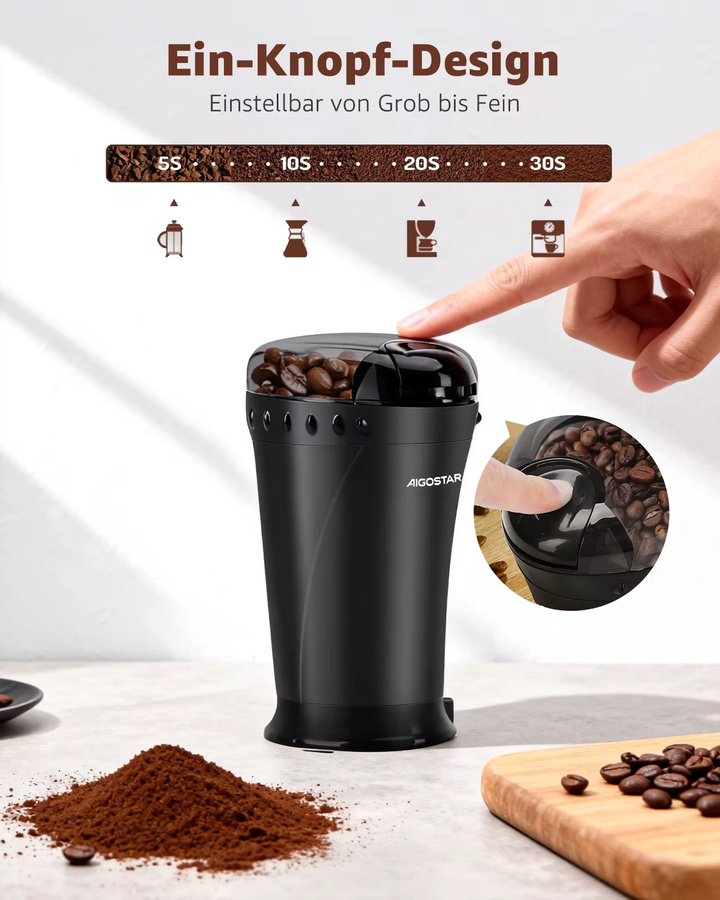 Aigostar Elektrische Kaffeemühle und Gewürzmühle in Schwarz mit Edelstahl-Schlagmesser und 150 Watt Leistung - Bild 5