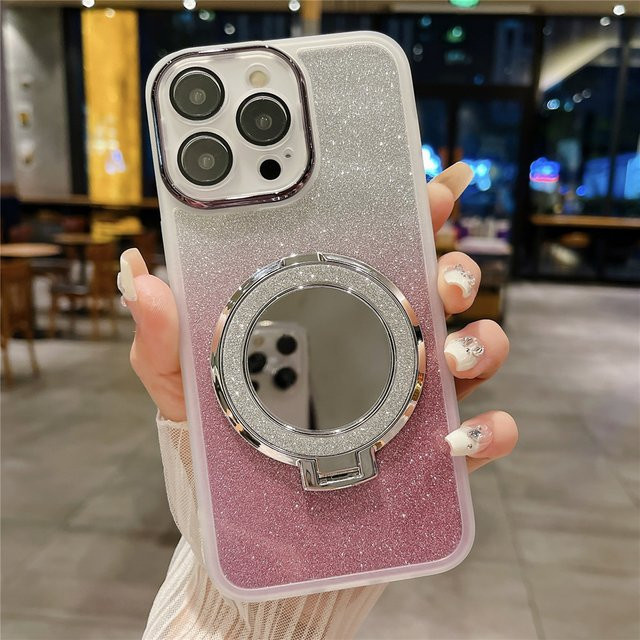 Glitzernde iPhone Hülle mit Spiegelständerhalterung für iPhone 16, 15 und 14 Modelle in Transparent und Multicolour - Bild 1