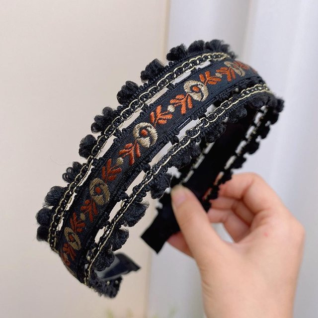 Haarreif Damen, Boho-Stil, Floral Bestickt, Schwarz - Bild 1