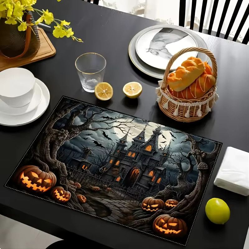 VIKAMA Halloween Tischsets aus Leinen mit Grusel-Schloss und Kürbis-Design für deine Heimdekoration - Bild 4