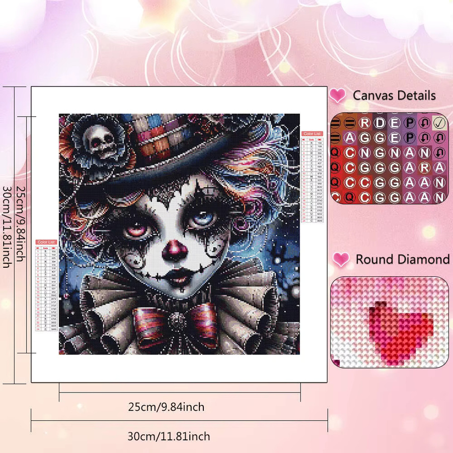 HUACAN Diamant-Mosaik Clown-Porträt als modernes Kunsthandwerk für deine Wanddekoration, rund, Multicolour, Durchmesser: 20 cm - Bild 2