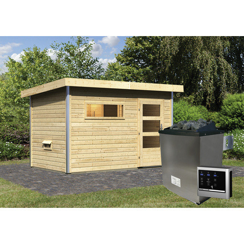Karibu Saunahaus Schwanenburg 1 in Beige mit 9 kW Ofen und externer Steuerung, B/T/H: 337 x 196 x 228 cm - Bild 3