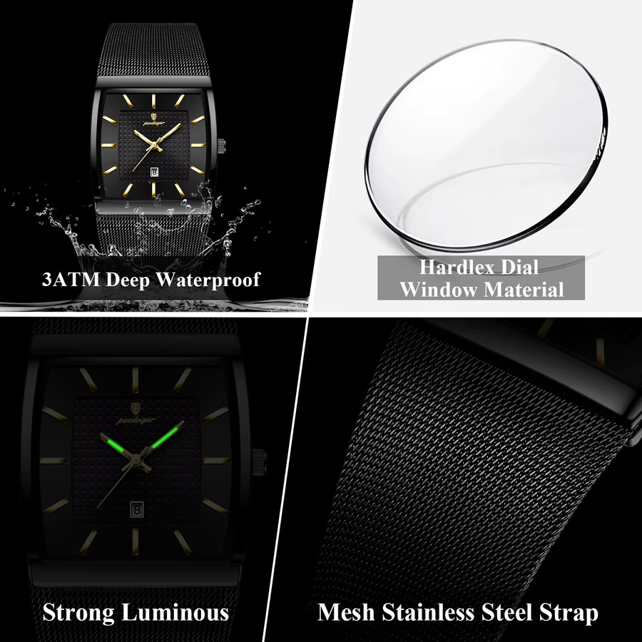 POEDAGAR Armbanduhr Quarz, Edelstahl, Schwarz, Silber, Herren - Bild 4