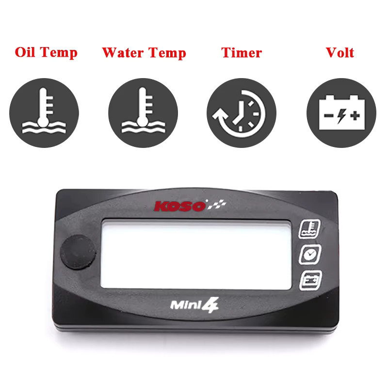 KOSO Mini 4-in-1 Motorrad-Wasserthermometer mit Dual-Temperatur-LCD-Digitalanzeige für Öl- und Wassertemperatur, Zeit und Volt in Schwarz - Bild 3