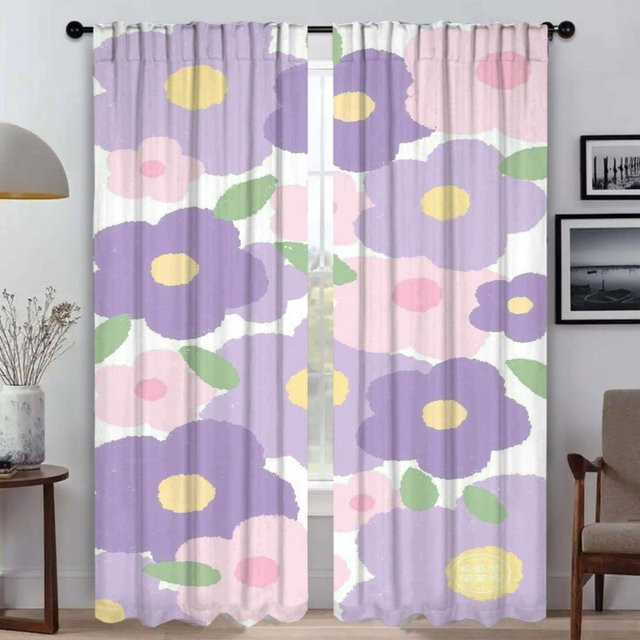 2er-Set Tüll-Vorhänge mit floralem Blumenmuster für Schlafzimmer und Wohnzimmer, halbtransparent, Mehrfarbig, Breite: 50 cm, Höhe: 70 cm - Bild 1