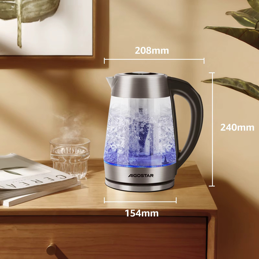Aigo Star Cris Wasserkocher aus Borosilikatglas in Transparent mit Teekanne, 1,7 l, 2200W, 5 Temperatureinstellungen, Warmhaltefunktion und LED-Beleuchtung - Bild 5