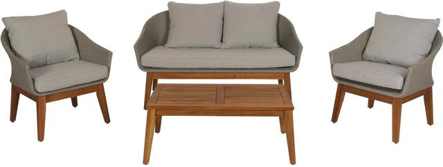 MCW Gartengarnitur N37 Lounge-Set aus Poly-Rattan und Akazienholz in Grau mit hellgrauen Kissen - Bild 2