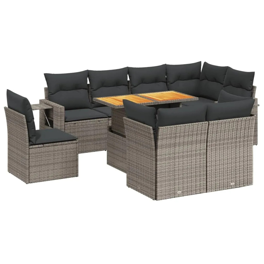 vidaXL 9-tlg Garten-Sofagarnitur in L-Form aus Poly-Rattan und Akazienholz mit Kissen in Grau - Bild 2