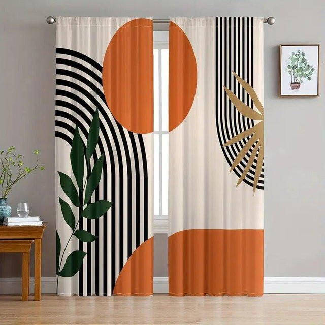 Yiran Furniture Vorhänge mit abstraktem Geometrie- und Streifenmuster, 2er-Set, halbtransparent, Mehrfarbig, B: 35 cm, H: 100 cm - Bild 1