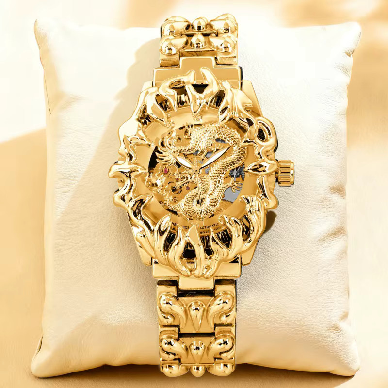 MEIRUIQI Armbanduhr Automatik, Edelstahl, Gold, Herren, Drachenmuster - Bild 2