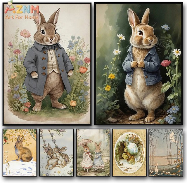 AZNM Peter Rabbit Leinwand-Wandkunst mit Vintage Blumendruck und niedlicher Hasenillustration für das Kinderzimmer, Mehrfarbig - Bild 1