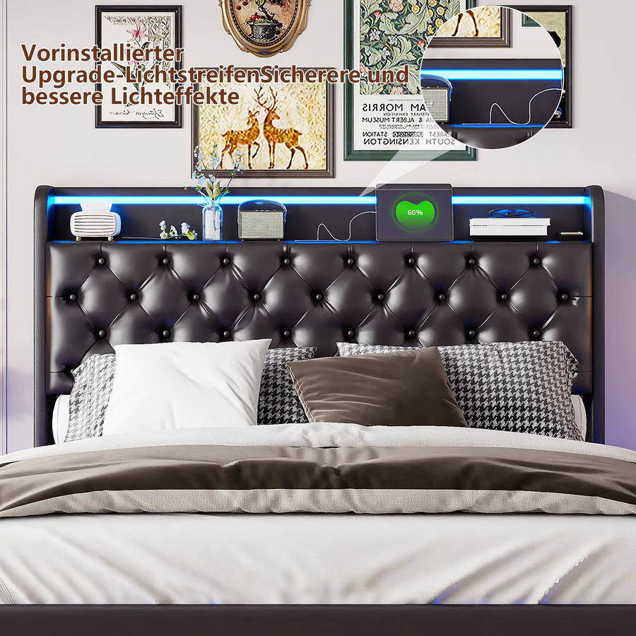 Rosahqnda Polsterbett mit LED-Beleuchtung und USB-Aufladung, B/T: 140 x 200 cm, modernes Doppelbett mit Stauraum im Kopfteil und PU-Bezug in Schwarz - Bild 5