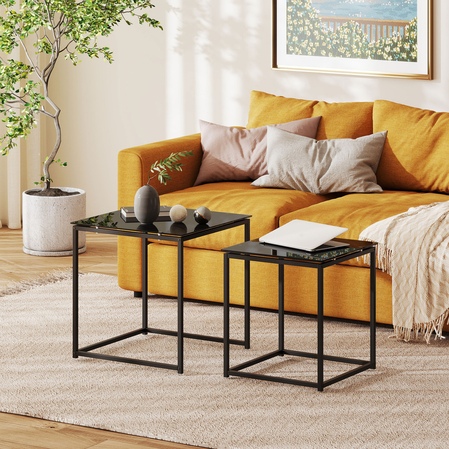 HOMCOM Beistelltisch 2er-Set modern mit Glastischplatte aus Glas und Stahl in Schwarz - Bild 2