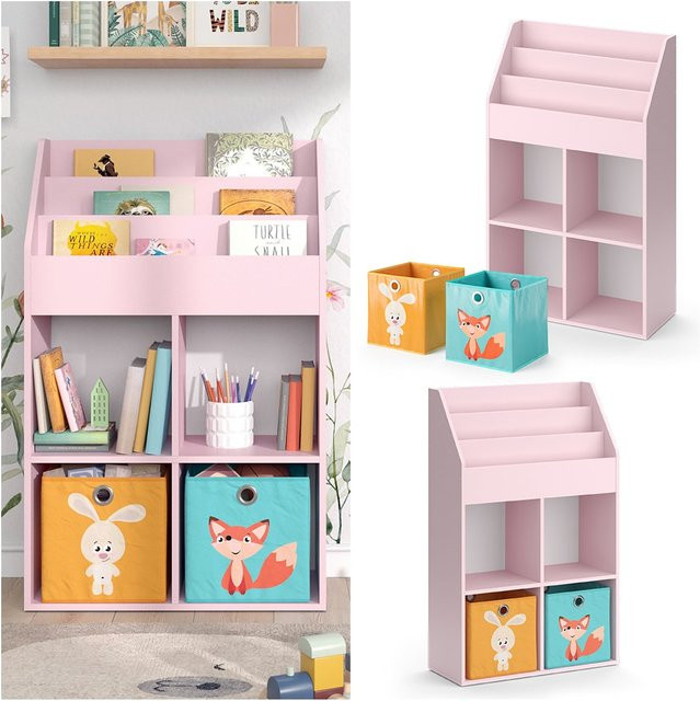 Vicco Kinderbücherregal Luigi in Rosa mit offenen Fächern und Faltboxen für das Kinderzimmer, Breite: 72 cm, Höhe: 114 cm - Bild 1