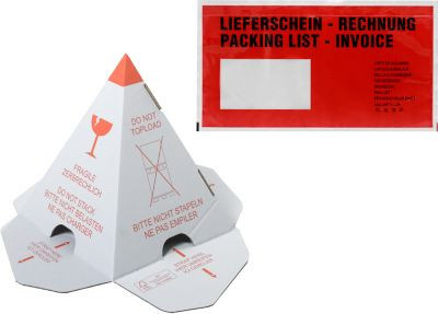 Sparset mit Grünmarie Palettenhütchen mit 3D-Effekt und Warndruck (100 Stück) sowie Debatin DEBAPAC PCR Dokumententaschen für Lieferscheine und Rechnungen in DIN lang (240 Stück) - Bild 1