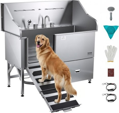 VEVOR Hundewaschstation aus 304 Edelstahl in Silber mit rutschfester Rampe, Schublade und Warm- und Kaltwasserhahn, All-in-One-Pflegebadewanne für Pflegesalons (rechte Tür) - Bild 1