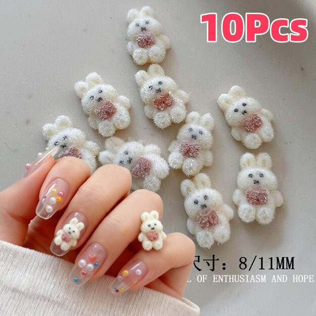 MAFANAILS Nail Art Charms, 10 Stück, Plüsch Kaninchen Bär, Weiß/Braun - Bild 1