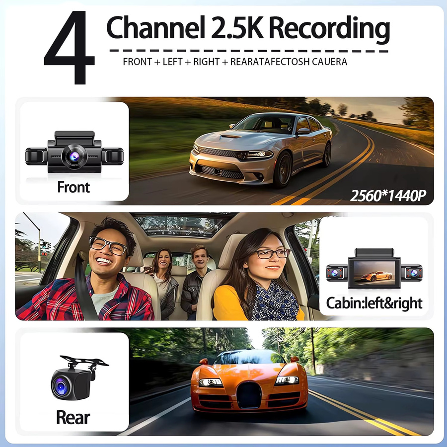 MYOLSD 2,5K 4-Kanal Dash Cam mit 360 Grad Rundumschutz, WIFI App Steuerung, Auto DVR mit Front- und Rückfahrkamera, Schwarz - Bild 3