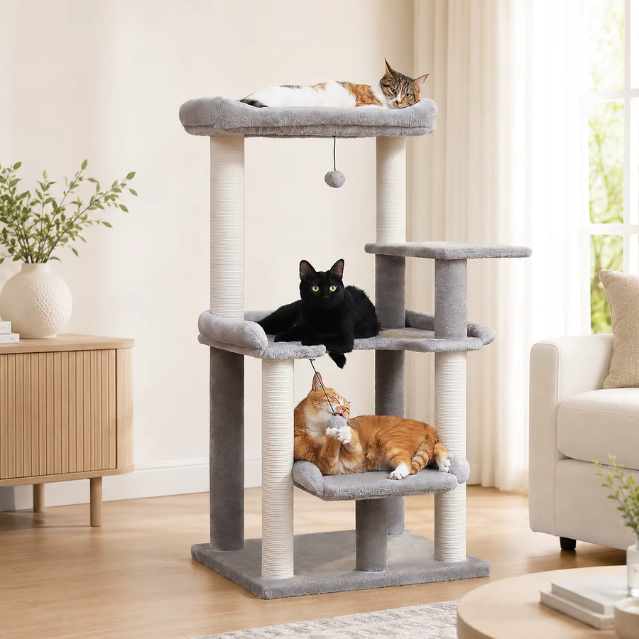 Moderner mehrstöckiger Katzenbaum von PAWZ Road in Weiß mit Sisal-Kratzstämmen und integriertem Spielzeug - Bild 2