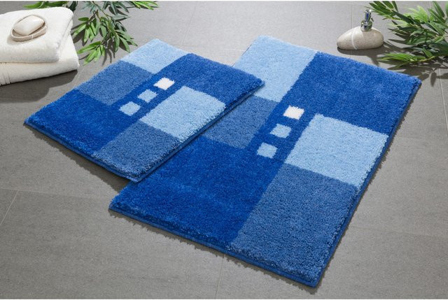Rutschhemmende Badematte in Blau mit Grafikmuster aus 100% Polyacryl, für Fußbodenheizung geeignet - Bild 1