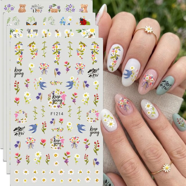 QIANJIKU Nagelaufkleber, Lila Blumen, Gänseblümchen, Bären- & Bienenschmetterling, Elfenbein - Bild 1