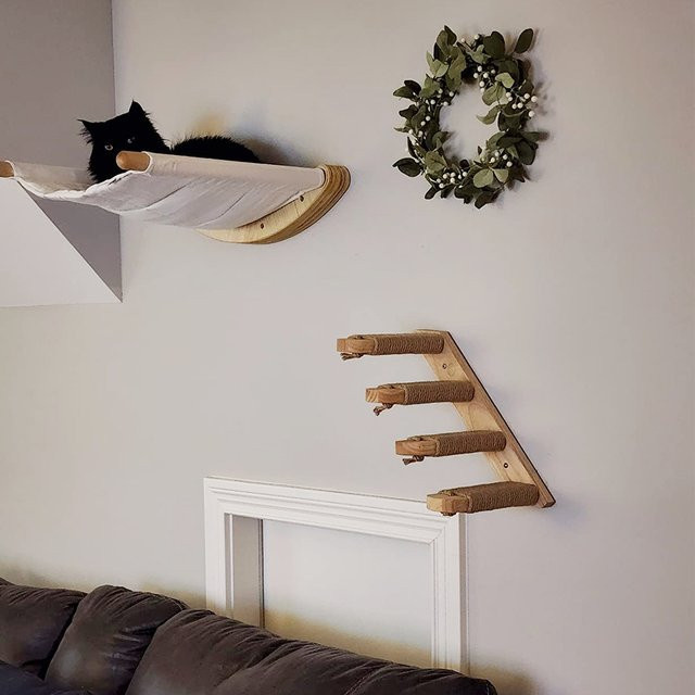 CWV Katzenregal-Set aus Holz für die Wandmontage in Weiß mit Sitzstange, Bett und Schlafhängematte für moderne Katzenmöbel - Bild 1