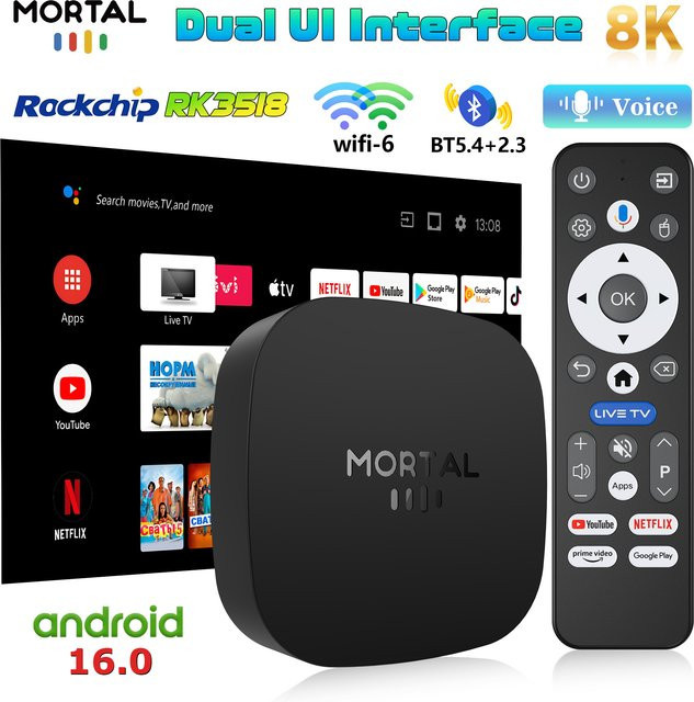 Mortal Smart TV Box Android 16 ATV mit 8GB RAM und 128GB Speicher, 8K Video Unterstützung, RK3518 Prozessor, Google Assistant Sprachsteuerung und 4K HDR10, Schwarz - Bild 1