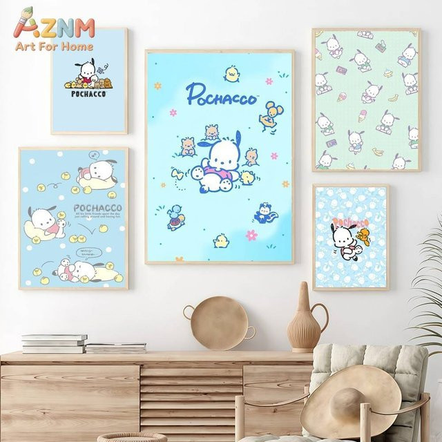 AZNM Sanrio Pochacco Leinwand-Wandkunst, blauer niedlicher Welpenhund als ungerahmtes Poster mit Cartoon-Tiermotiv - Bild 1