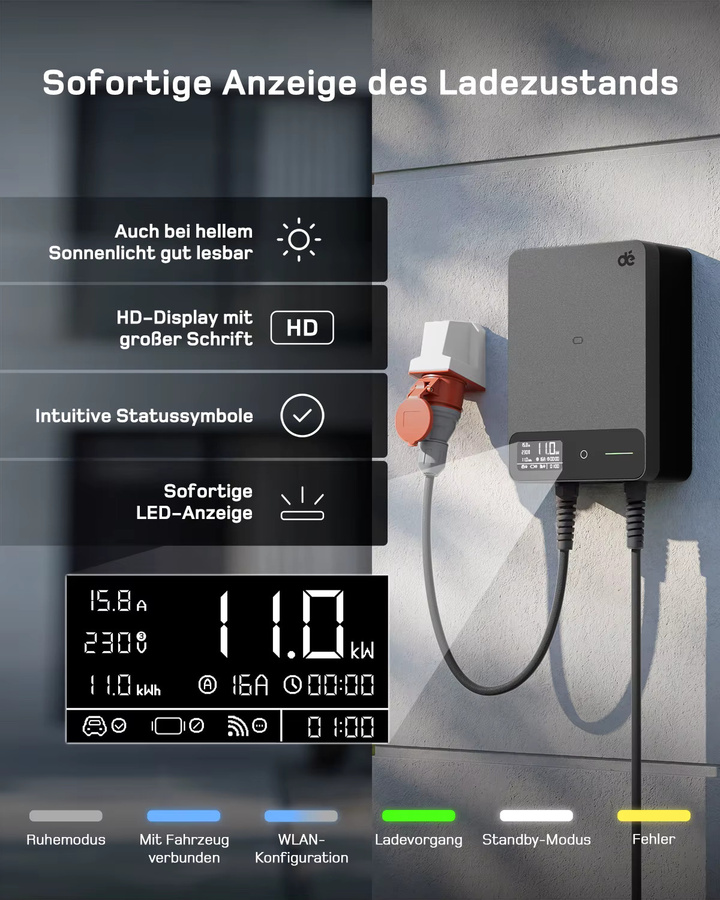 dé Wallbox Typ 2 Ladestation 11kW 16A 3-Phasen mit Tuya Smart App-Steuerung und Wi-Fi, Schwarz - Bild 3