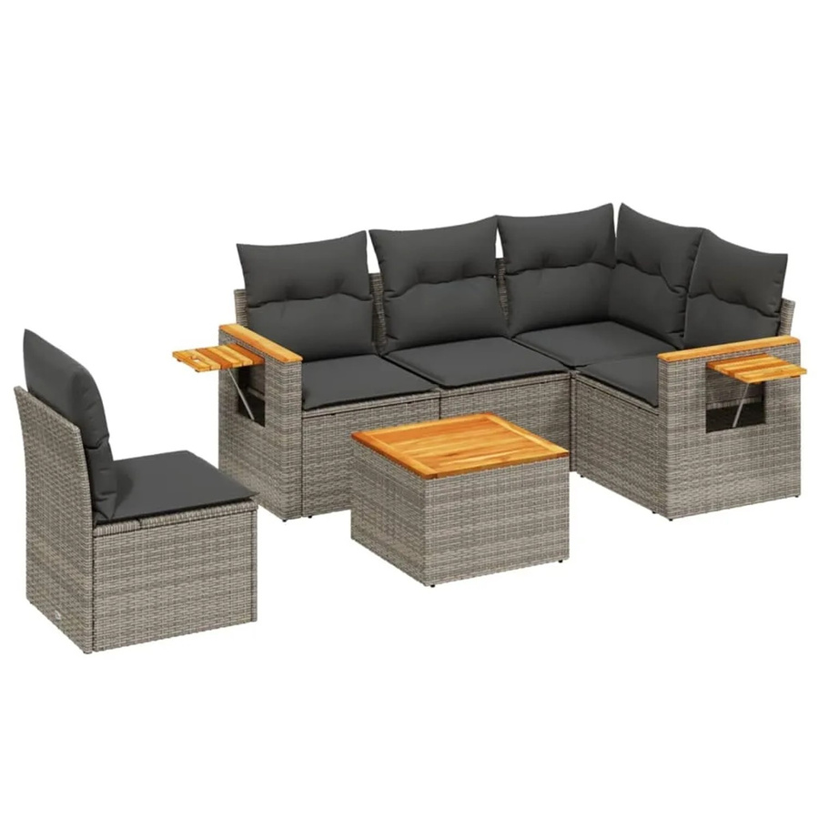 vidaXL 6-teilige Garten-Sofagarnitur aus Poly-Rattan und Akazienholz in Grau mit Kissen - Bild 2