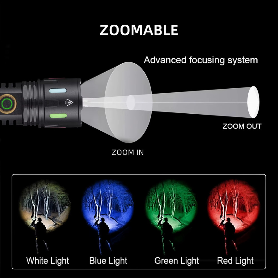 Alonefire Zoom RGB LED-Taschenlampe mit Blau, Grün und Rot, USB wiederaufladbar, Schwarz - Bild 2