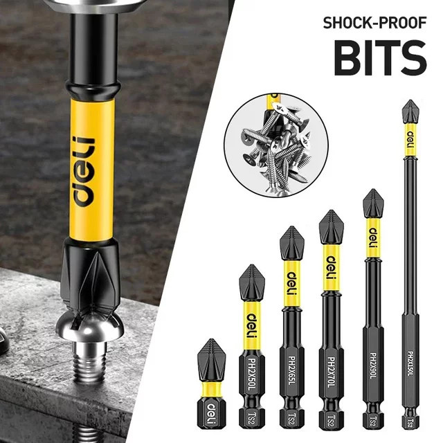 Deli Schraubendreher-Bit Set PH2, 6 Stück, rutschfest und stoßfest, magnetisch, Längen: 25 mm, 50 mm, 65 mm, 70 mm, 90 mm, 150 mm - Bild 1